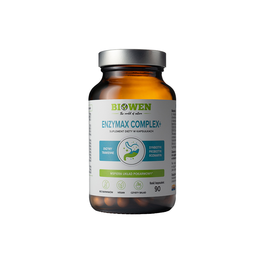 Biowen Enzymax Complex+ dietary supplement bottle with digestive enzymes, synbiotics, and rosemary to support digestive health.