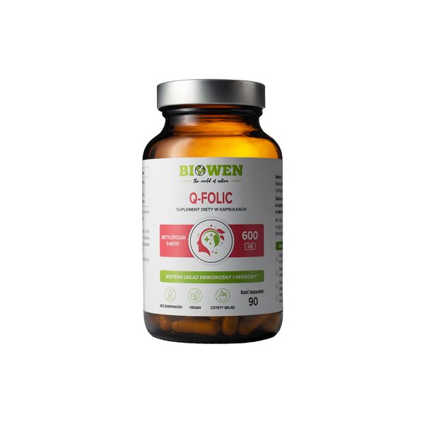 BIowen Q-Folic dietary supplement in capsules, with methylfolate 5-MTHF, supporting circulatory and nervous systems, 600 µg, 90 capsules.