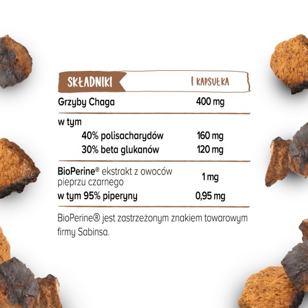 Wykaz składników suplementu diety Chaga (Błyskoporek podkorowy) Biowen zawartych w 1 kapsułce