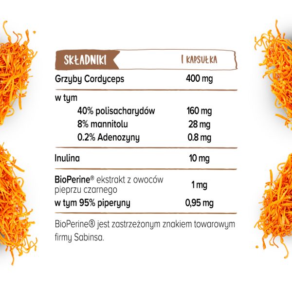 Wykaz składników suplementu diety kordyceps Biowen zawartych w 1 kapsułce