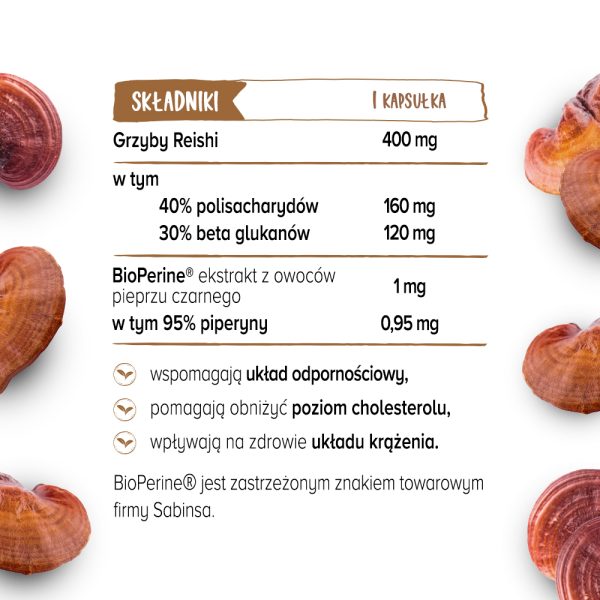 Wykaz składników suplementu diety Reishi (lakownica żółtawa) Biowen zawartych w 1 kapsułce