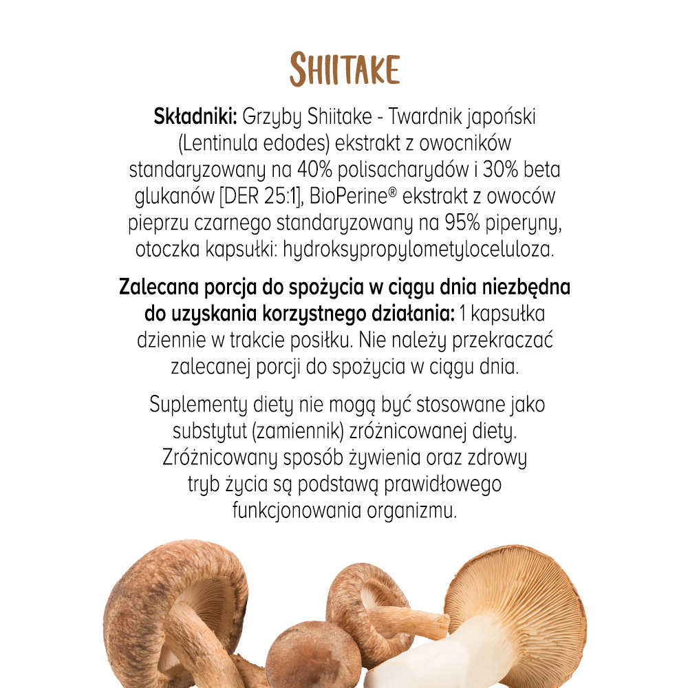 Lista składników suplementu Grzyb Shiitake (Twardziak jadalny) Biowen oraz informacje o zalecanej porcji do spożycia
