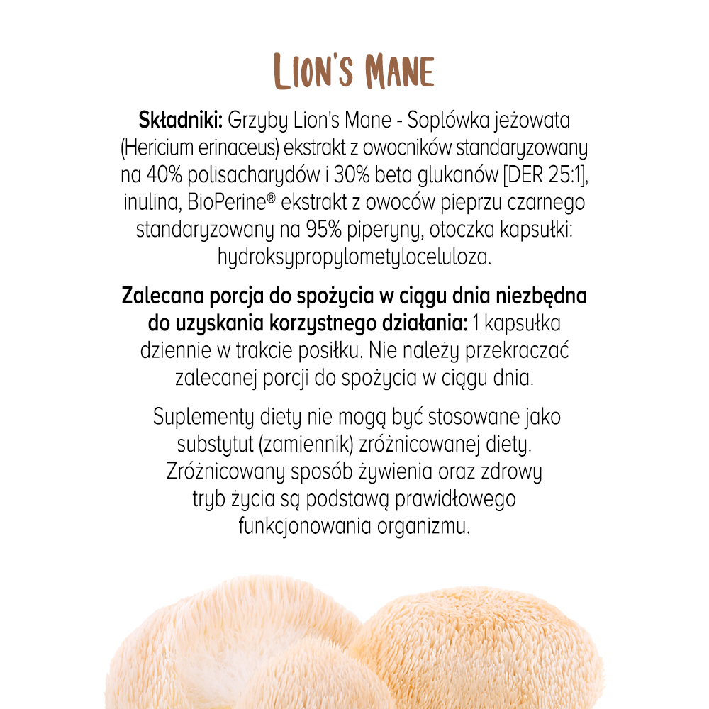 Lista składników zawartych w suplemencie Soplówka jeżowata inaczej Lions Mane Biowen. Na grafice znajduje się teżinformacja o zalecanej porcji do spożycia.
