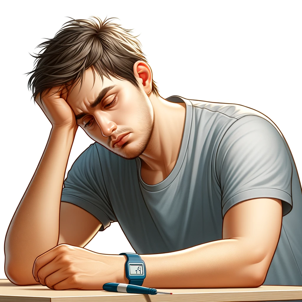 Realistyczna ilustracja osoby odczuwającej ekstremalne zmęczenie, objaw cukrzycy. Obraz przedstawia osobę wyglądającą na wyczerpaną, siedzącą lub opierającą się o biurko z wyrazem zmęczenia. - grafiki dla wpisu na temat objawów cukrzycy