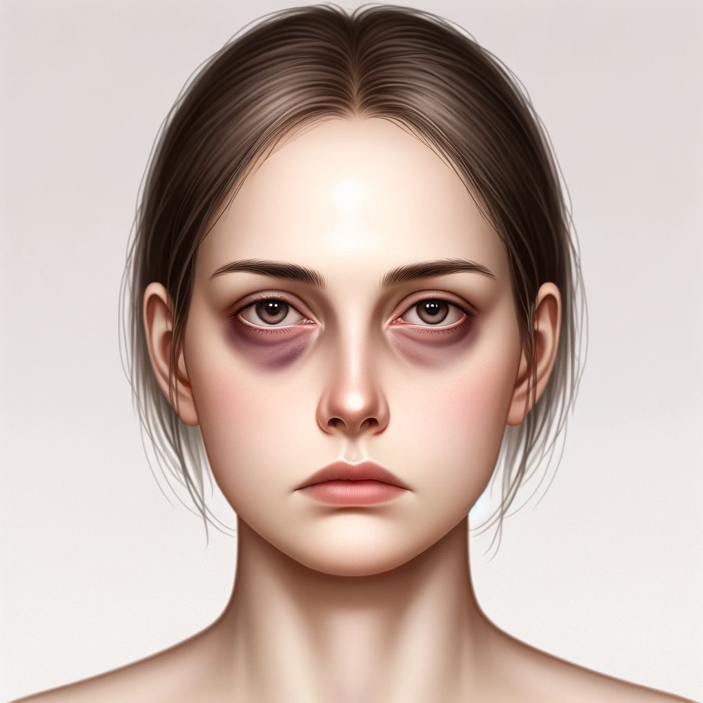 Realistyczna ilustracja osoby wyglądającej na zmęczoną i wyczerpaną, z subtelnie zaznaczonymi cieniami pod oczami, symbolizującymi zmęczenie jako objaw insulinooporności - grafika do wpisu o objawach insulinooporności