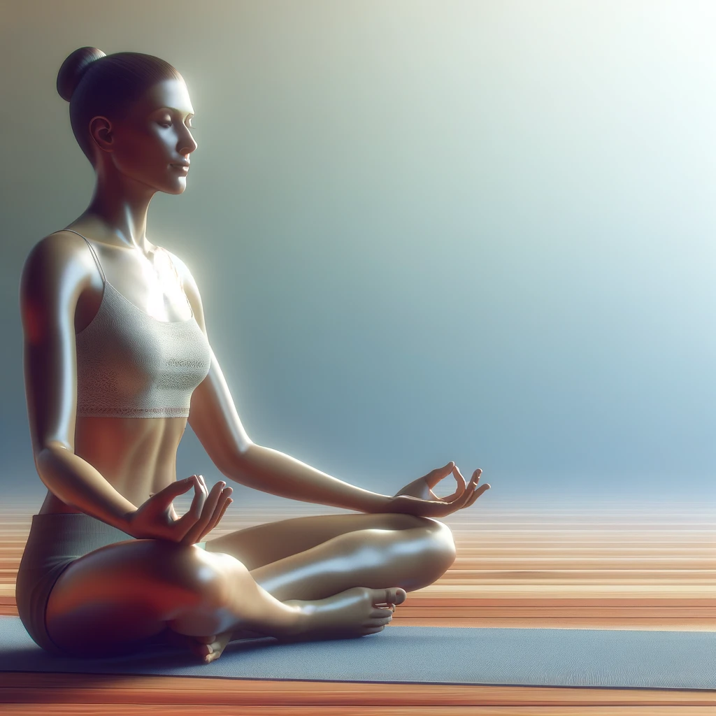 Realistyczna ilustracja osoby stosującej techniki relaksacyjne, takie jak medytacja lub joga, w celu redukcji stresu, co może sprzyjać gromadzeniu się opornej tkanki tłuszczowej. Osoba jest przedstawiona w spokojnym otoczeniu, zajmując pozycję medytacyjną lub jogi. - grafika do wpisu na temat opornej tkanki tłuszczowej