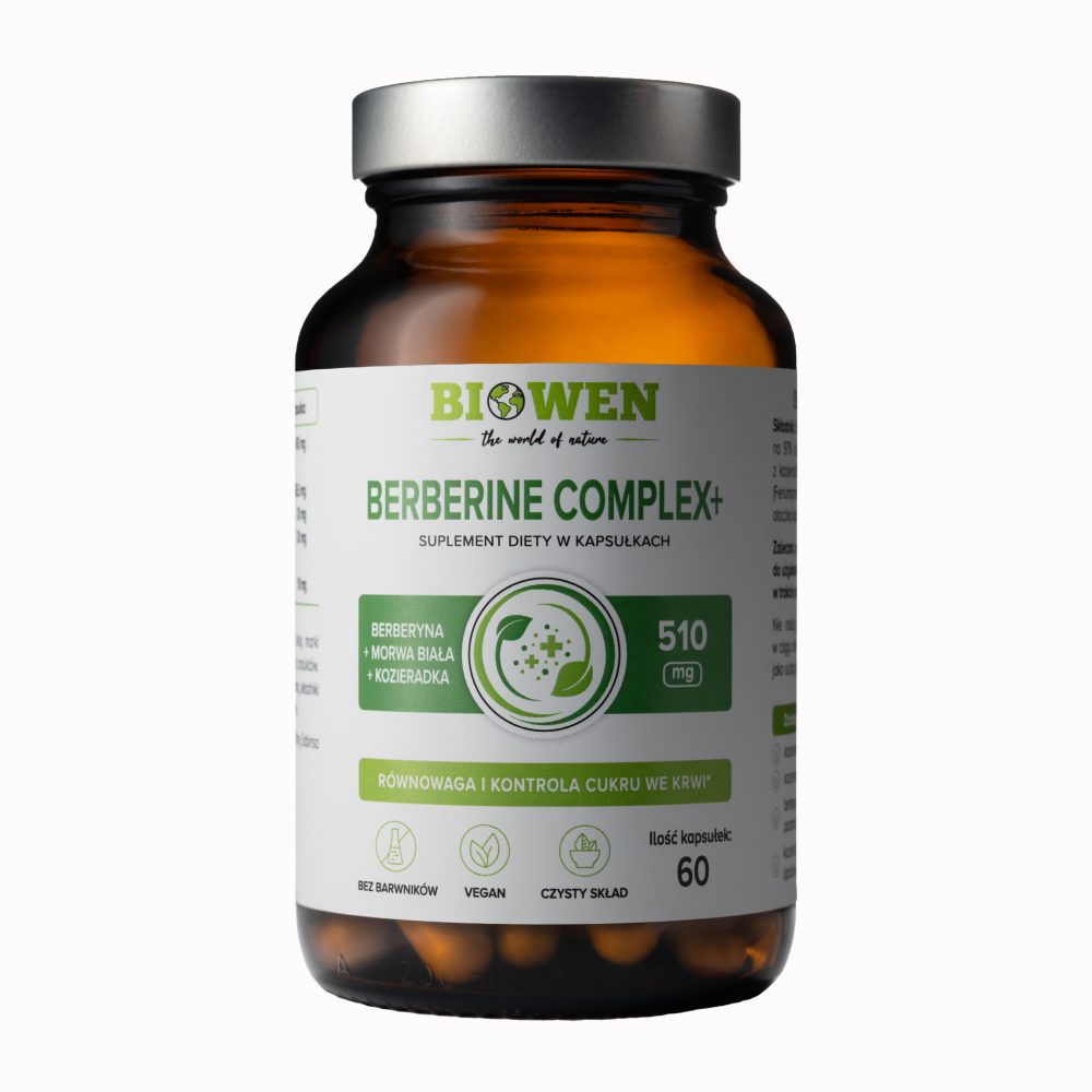 Szklana butelka suplementu diety Biowen Berberine Complex+ 510 mg, zawierająca 60 kapsułek z berberyną, morwą białą i kozieradką, wspierająca równowagę i kontrolę poziomu cukru we krwi, wegańska, bez barwników, o czystym składzie