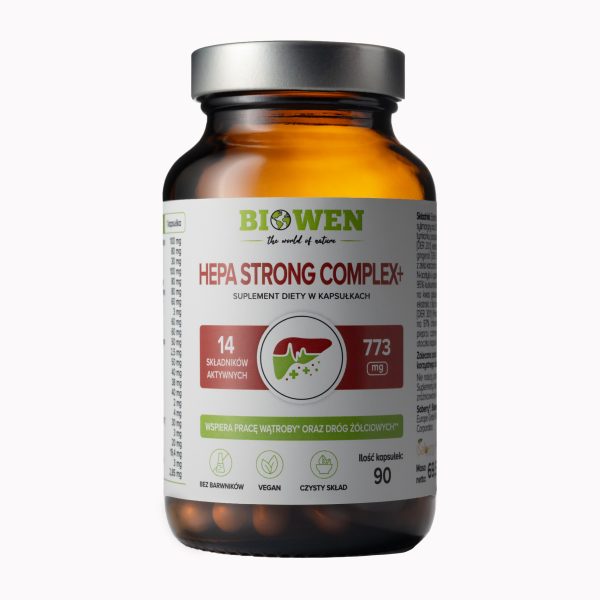 Szklana butelka suplementu diety Biowen Hepa Strong Complex+ 773 mg, zawierająca 90 kapsułek z 14 aktywnymi składnikami wspierającymi pracę wątroby oraz dróg żółciowych, wegańska, bez barwników, o czystym składzie.