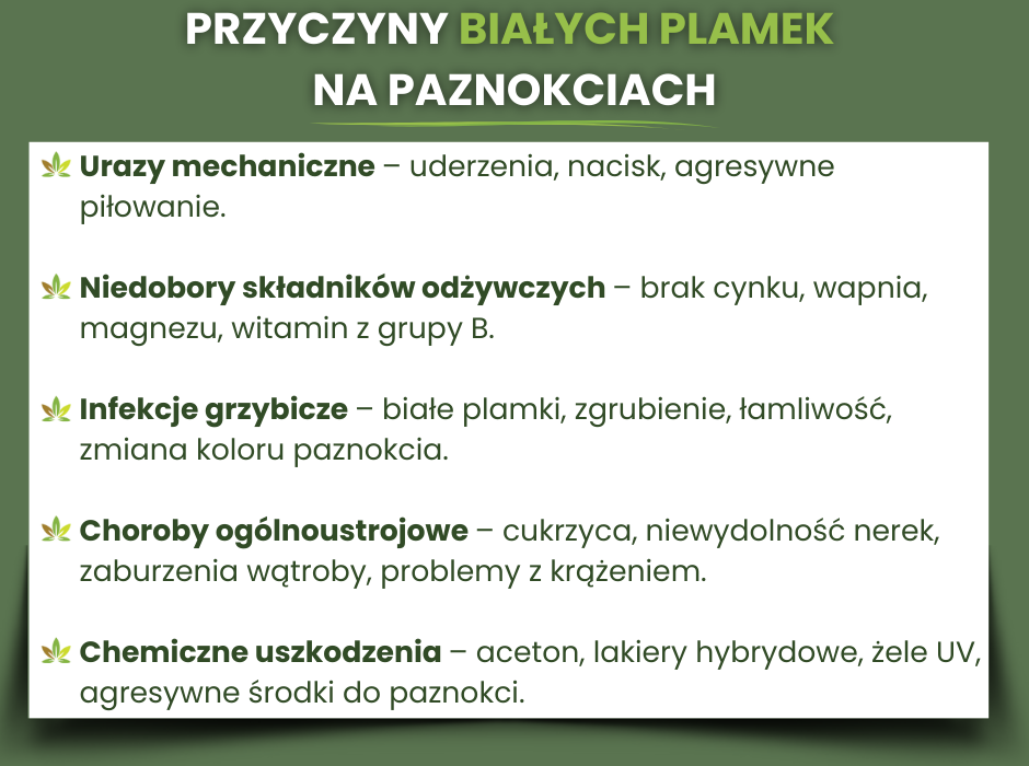 Przyczyny białych plamek na paznokciach - infografika