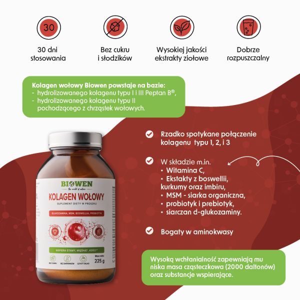 Kolagen wołowy typu I, II, III Biowen - proszek - 225 g - obrazek 3