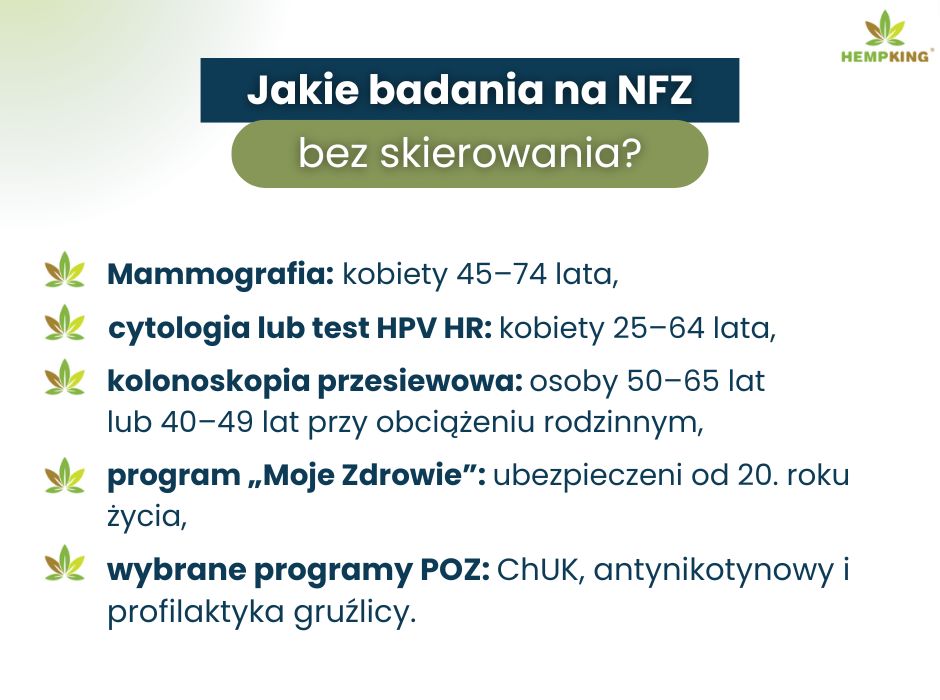 Jakie badania na NFZ bez skierowania? - infografika